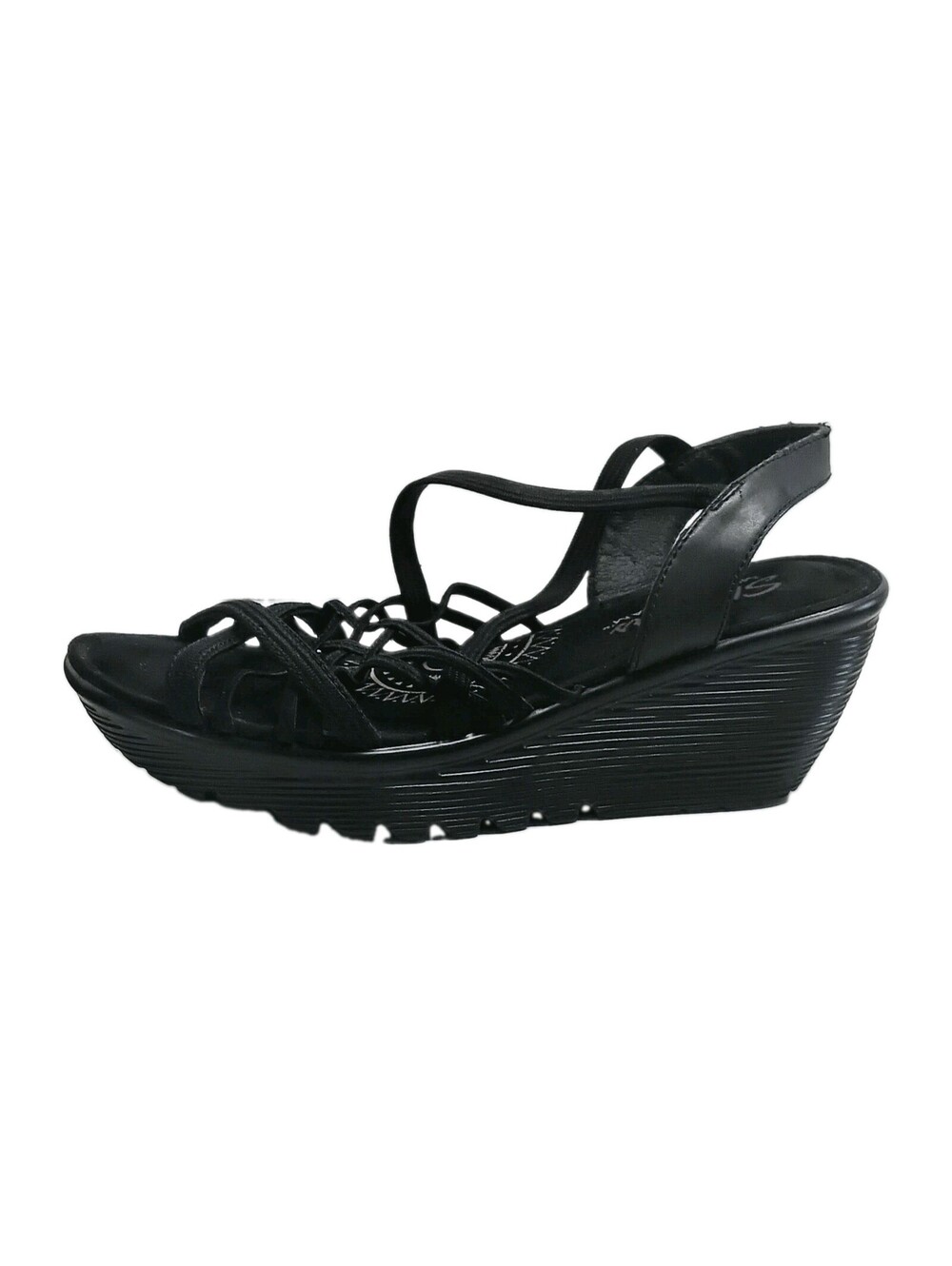 Skechers Sandals Womens 9 Parallel Crossed Wires Strappy Slingback Wedge Black